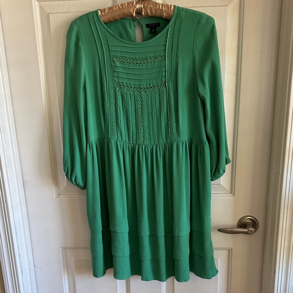 Ann Taylor Emerald Green Textured BOHO lined Shift Dress SZ 4 P‎